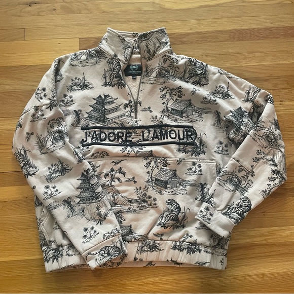 elleandemm Sweaters - Toile Elleandemm Cream and Black Zip Up Sweater with High Collar